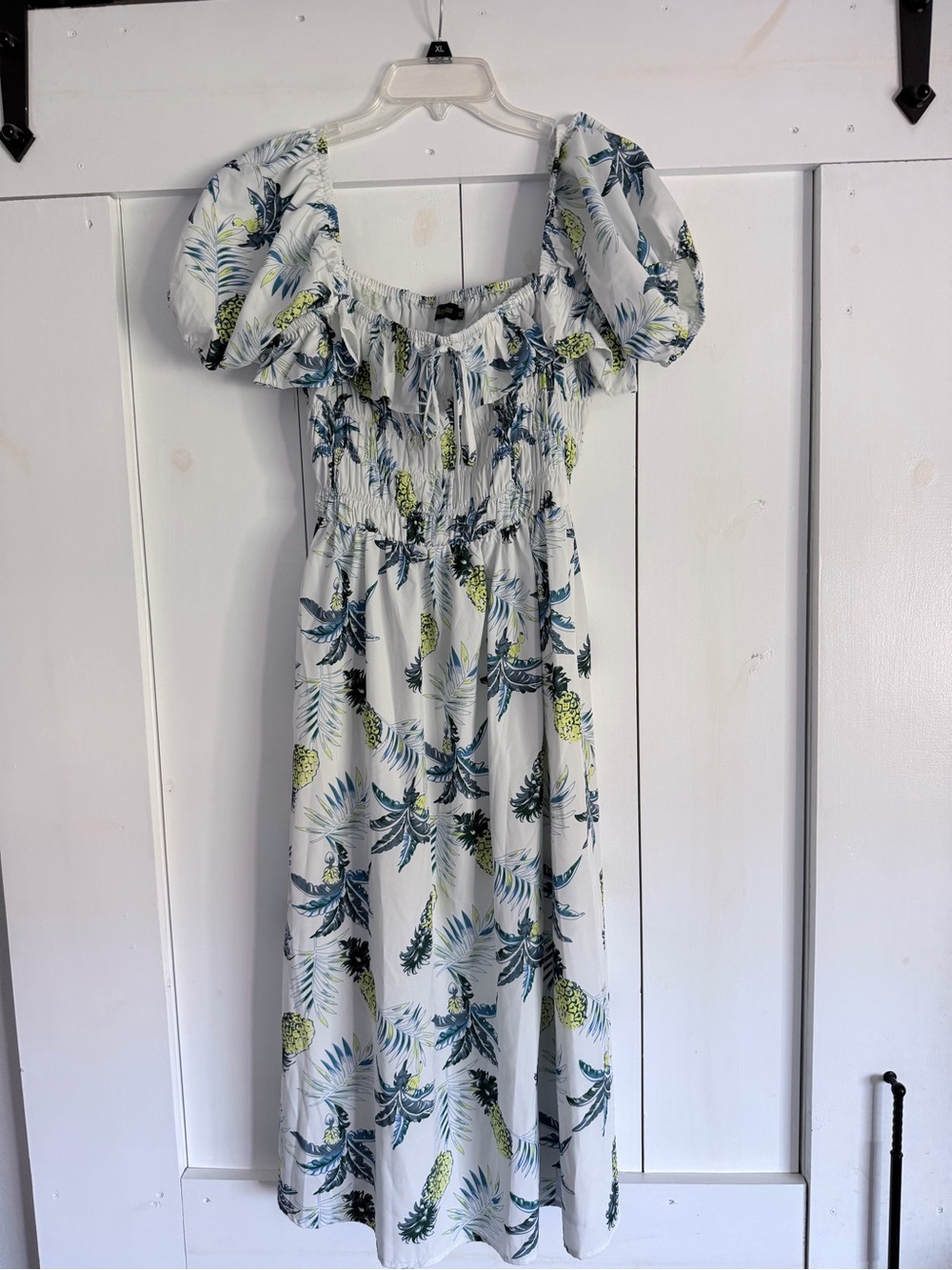 White Tropical Print Puff-Sleeve Midi Dress